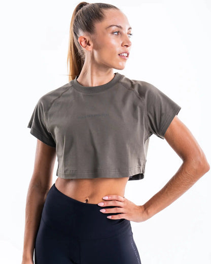 Women's Washed Khaki Crop Training T-shirt