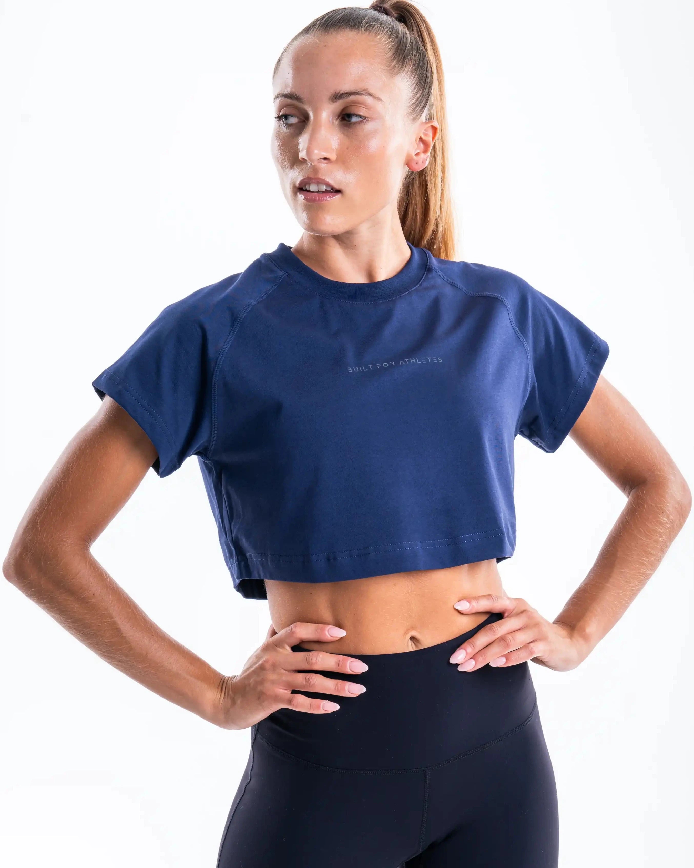 Marineblaues Crop-Trainings-T-Shirt für Frauen